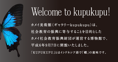 カメイ美術館（ギャラリーkupukupu）は、社会教育の振興に寄与することを目的としたカメイ社会教育振興財団が運営する博物館で、平成6年9月7日に開館致しました。「KUPUKUPU」とはインドネシア語で「蝶」の意味です。